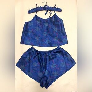 Vtg Valerie Stevens Intimates Blue Floral Satin Cami & Shorts PJ Set w/Hanger